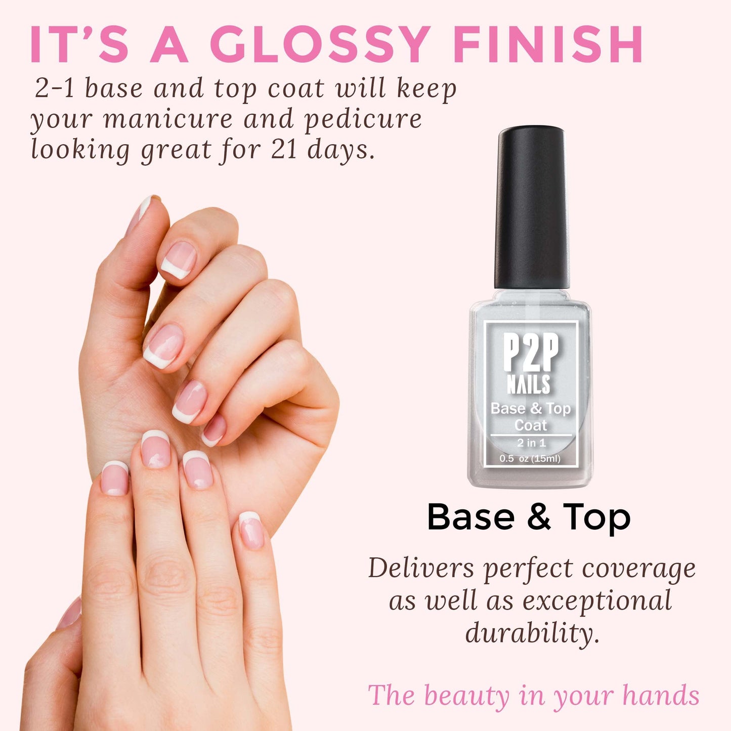 P2P Nails Base and Top Coat Nail Polish - Glossy Finish Long Lasting Top Coat - No Wipe Top Coat Gel Polish for Cool Finish Nail Art