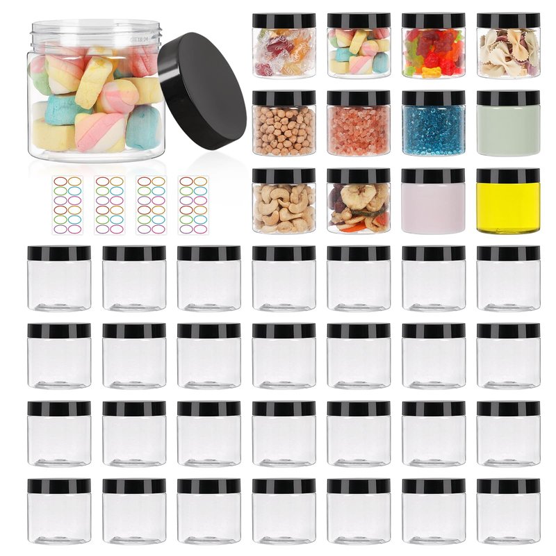 Homerove 48 Pack 4 OZ Plastic Jars with Lids, Empty Round Clear Slime Cosmetic Container with Labels, Leakproof Multi-use Refillable Storage Jar for Beauty Products, Samples, Travel, Food