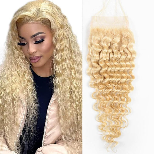 Blonde 613 Deep Wave Closure - 4x4 Transparent Lace Human Hair, 18 Inch, Pre-Plucked with Baby Hair