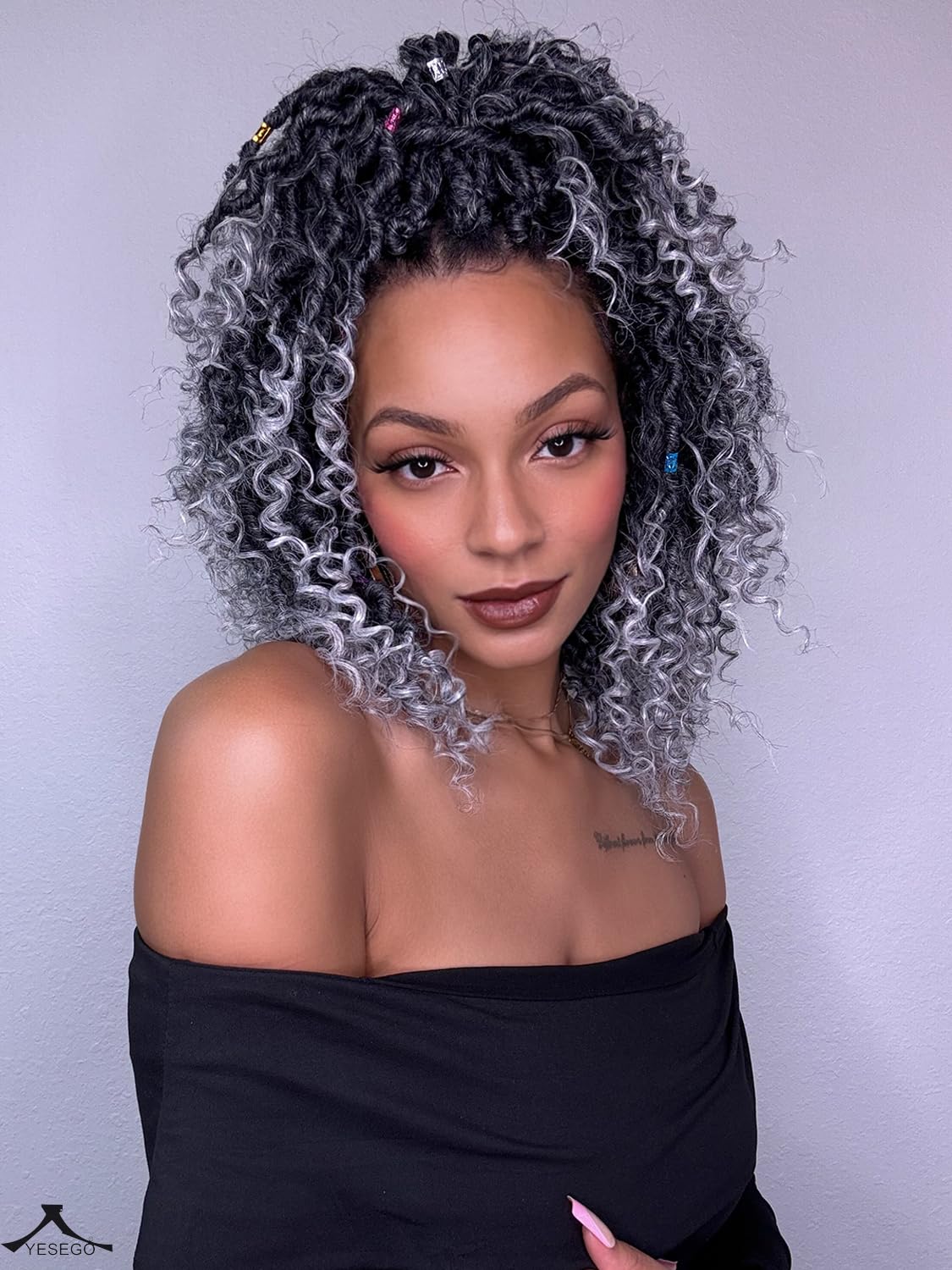 Faux Locs Crochet Hair 10 Inch Goddess Locs Ombre Grey Crochet Hair for Women 6 Packs Gray Soft River Locs Pre Looped Braids with Curly Ends Boho Hippie Synthetic Hair Extensions, 1b/grey