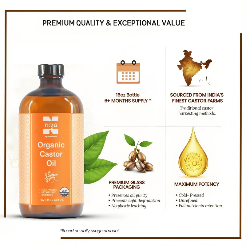 terravera Niyavera Organic Castor Oil USDA Certified 16oz - 100% Pure Golden Cold Pressed Unrefined Hexane Free for Hair Growth, Eyelashes, Eyebrows, Skin - Glass Bottle with Pump