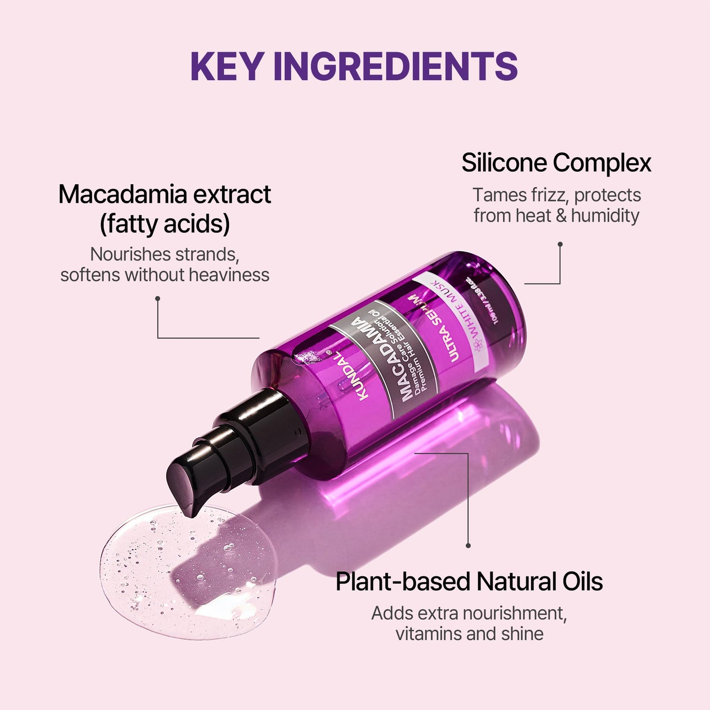 KUNDAL Macadamia Damage Care Solution Korean Beauty Premium Hair Essential Oil, White Musk, 6.76 Fl Oz - Made for Frizzy or Damaged Hair, Macadamia Extract, Silicone Complex