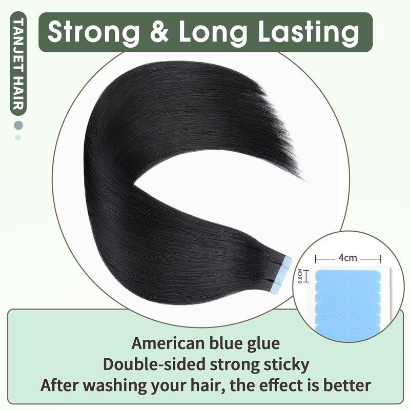 TANJET Tape in Hair Extensions Off Black Tape in Human Hair Extensions 100% Remy Hair Invisible Seamless Skin Weft Human Hair Tape in Extensions (#1B 18 Inch 20pcs 50g/Pack)