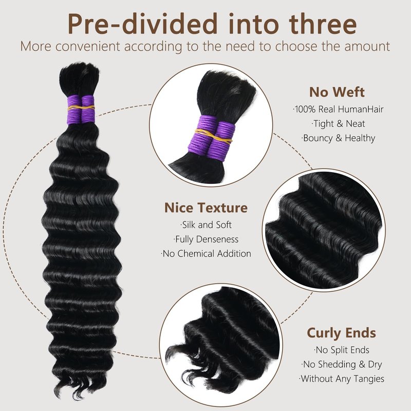 Human Braiding Hair for Boho Braids Deep Water Wave Hair Extensions Boho Hair for Braiding 12A 110g 2 Bundles/Pack Natural Color Pre-Stretched 16 Inch