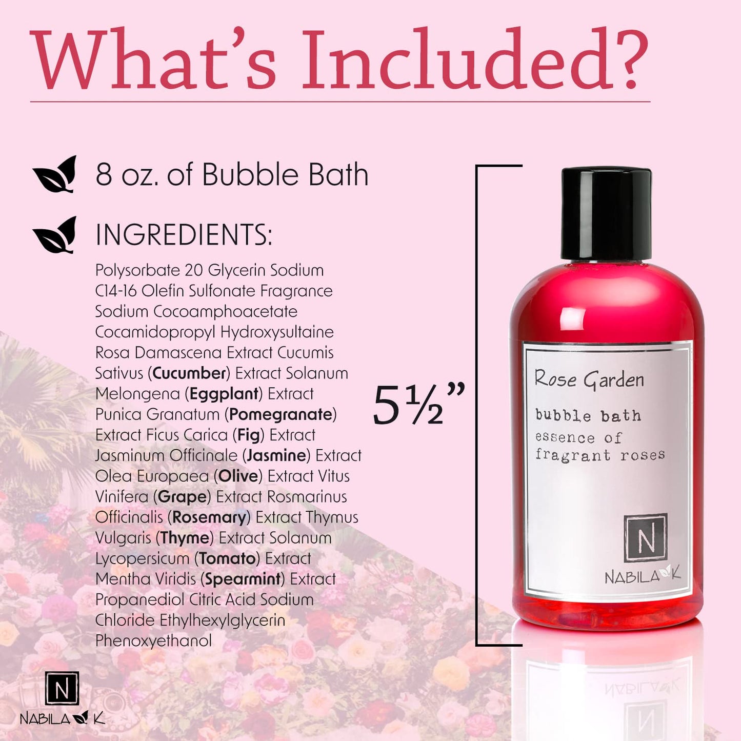 Nabila K Rose Garden Bubble Bath with Rose Essential Oils | Natural & Organic, Sulfate-Free, Tear-Free | Luxury Aromatherapy Floral Bath Soak for Sensitive Skin | for Women & Men, 8 oz