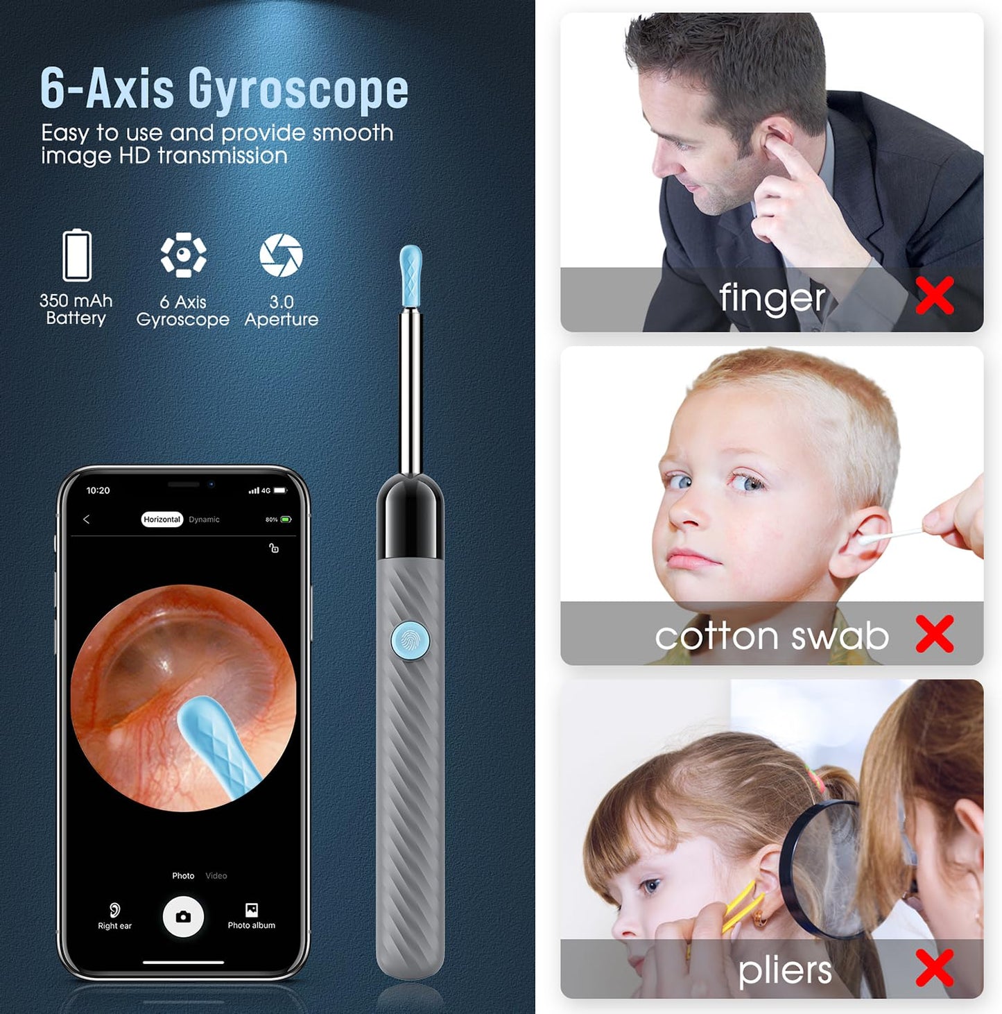 LEIPUT Ear Wax Removal - Earwax Remover Tool with 8 Pcs Ear Set - Ear Canal Cleaner with 1080P Camera - Ear Cleaning Kit with 6 Ear Spoon - Ear Camera for iOS & Android (Grey)