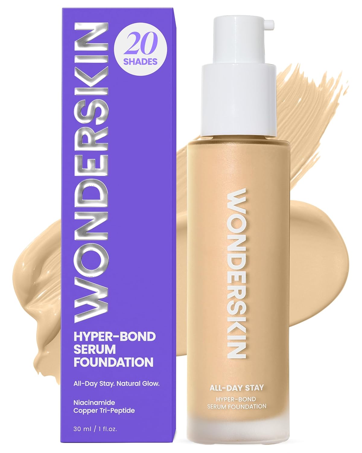 Wonderskin Hyper Bond All-Day Stay Serum Foundation - Waterproof, Transfer-Proof Face Makeup with Niacinamide & Hyaluronic Acid | Lightweight Natural Finish (Halo)