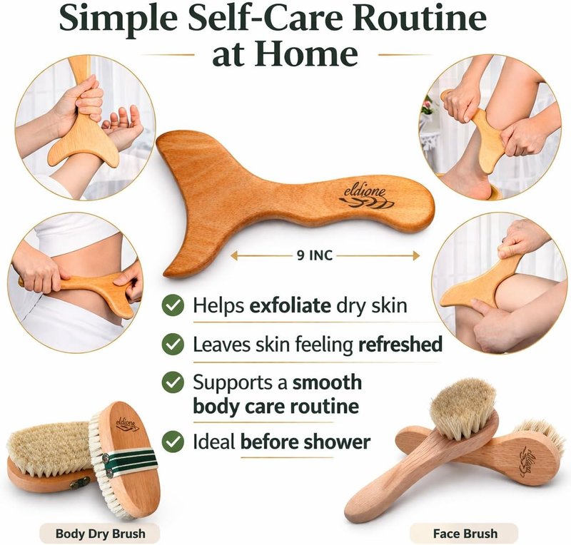4-Piece Dry Brush Set - Natural Bristle Exfoliating Body & Face Brushes | Includes Pumice Stone & Wooden Massage Tool