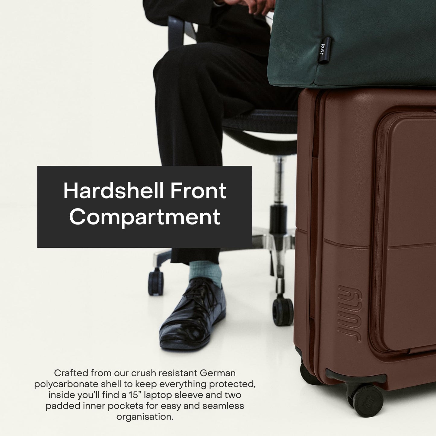 July Carry On Pro - 20" Hardshell with Front Pocket, Airline Approved Carry On Luggage with Wheels, TSA Lock Rolling Suitcase, Silent Spinner Wheels, USB Ports & Ejectable Battery - Dark Brown