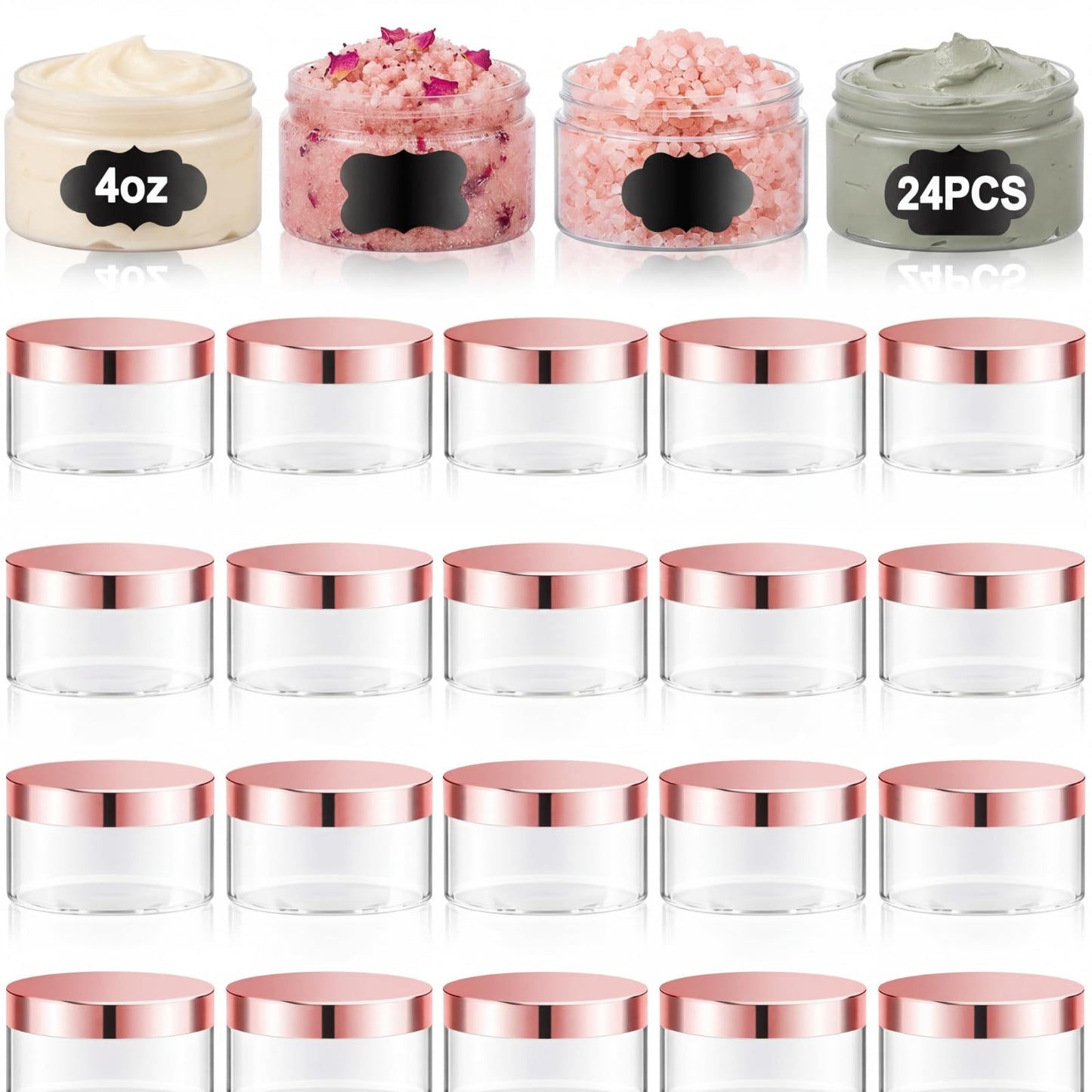 Dandat 24 Pcs 2/4/6/8/10/12oz Plastic Clear Jar Container with Rose Gold Lid and Label, Empty Round PET Cosmetic Jars for Lotion, Cream, Body Butter, Makeup (4oz, Clear Jar with Rose Gold Lid)