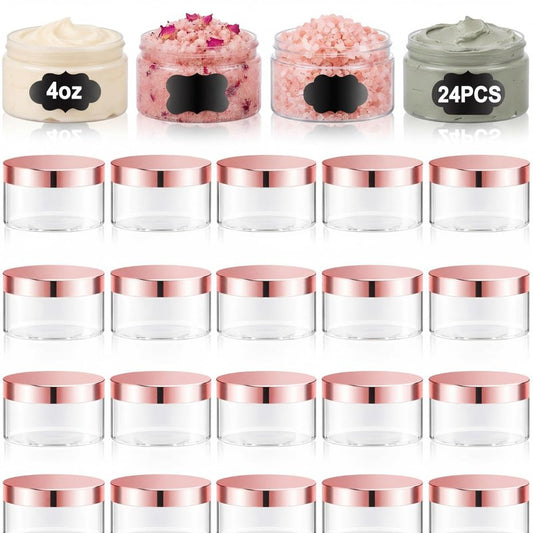 Dandat 24 Pcs 2/4/6/8/10/12oz Plastic Clear Jar Container with Rose Gold Lid and Label, Empty Round PET Cosmetic Jars for Lotion, Cream, Body Butter, Makeup (4oz, Clear Jar with Rose Gold Lid)