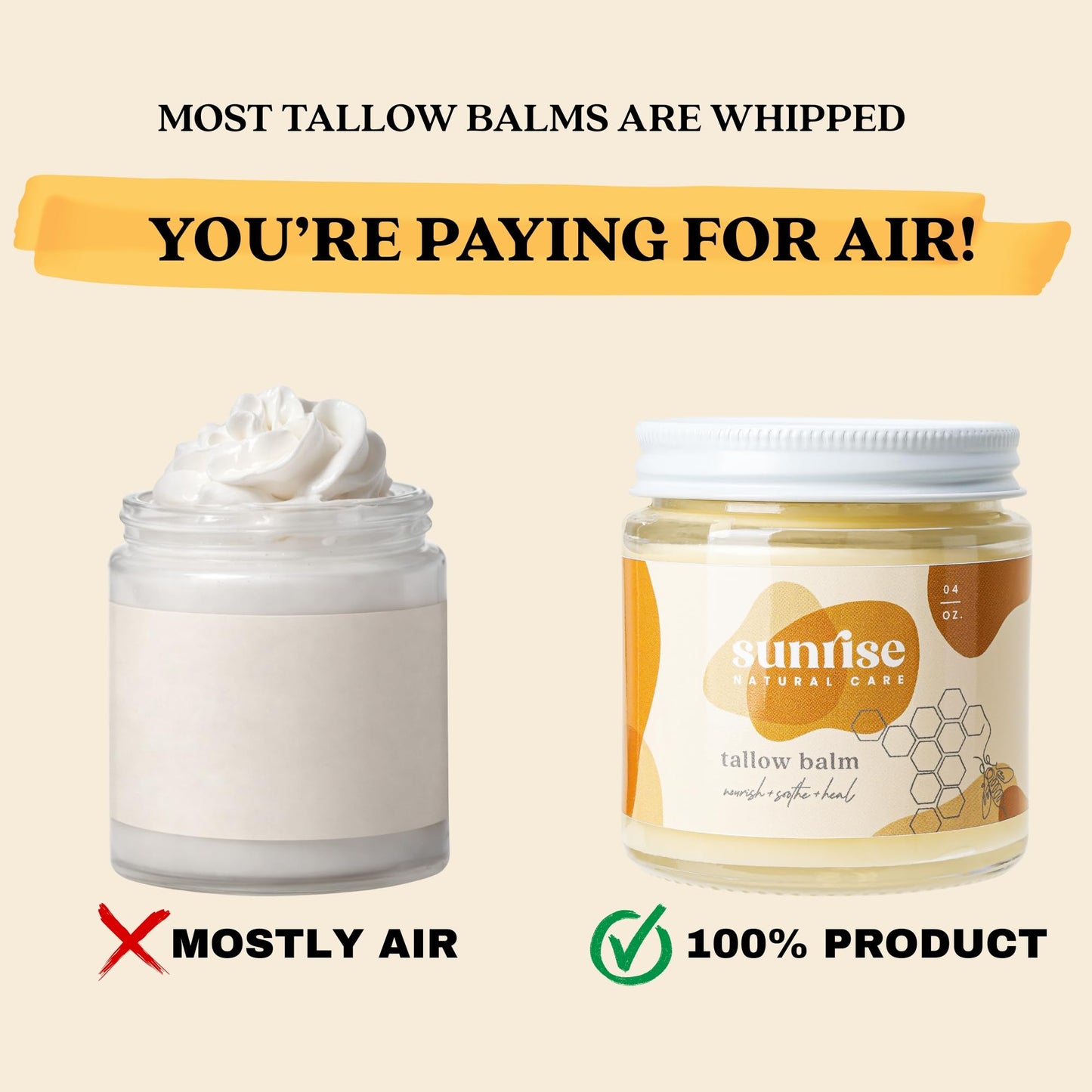 Sunrise Natural Care Unwhipped Honey and Tallow Balm - Body and Face Moisturizer - 100% Grass Fed Beef Tallow - 4 ounces - Frankincense