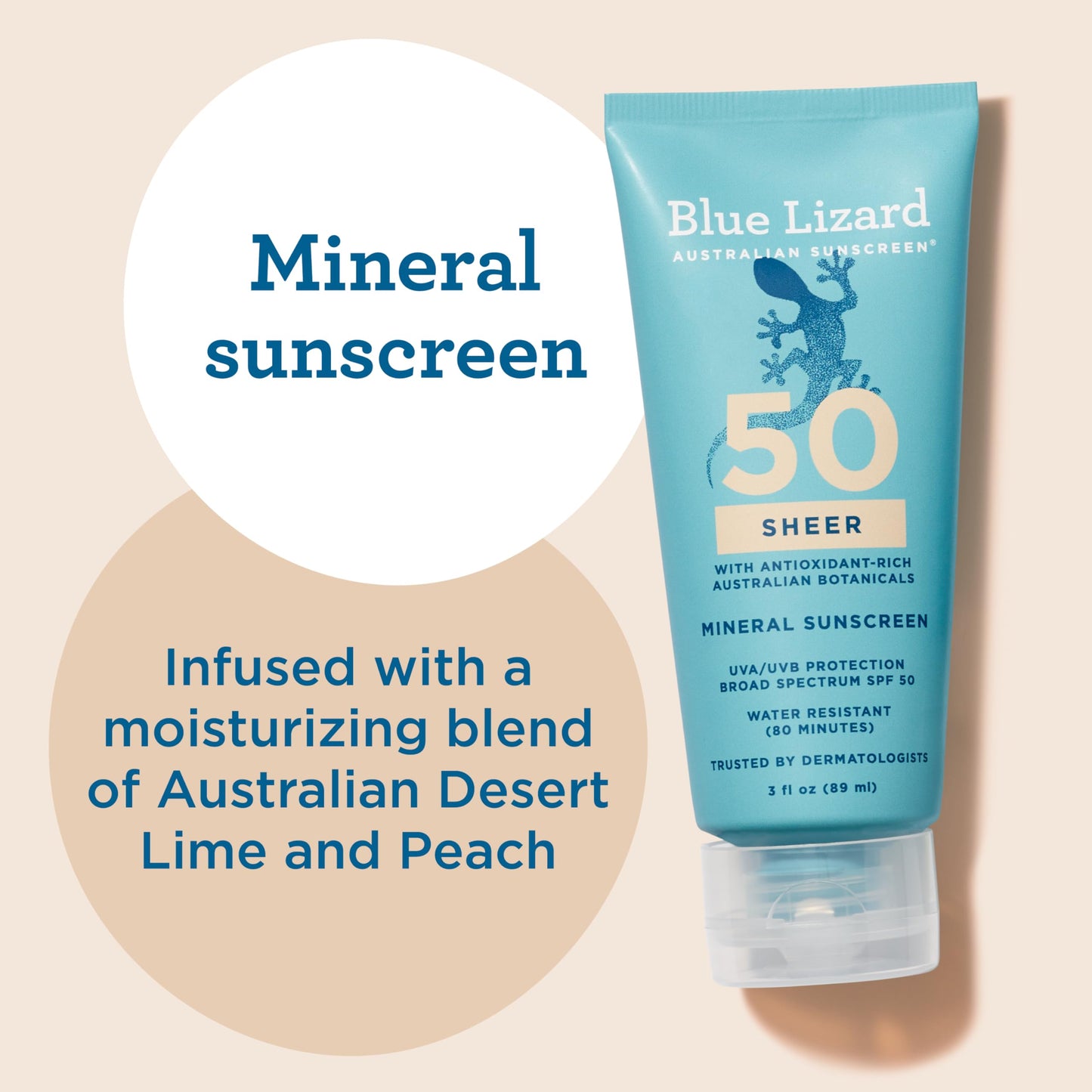 Blue Lizard Sheer Mineral SPF 50 Sunscreen Lotion, Zinc Oxide, 100% Mineral Formula, Rubs In Smooth, Nourishes with Australian Desert Lime and Peach, Paraben- free, Fragrance-Free, 3 fl oz