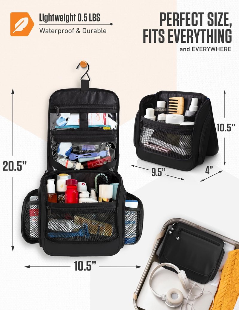 VENTURE 4TH Hanging Travel Toiletry Bag for Women & Men – Large Toiletry Organizer with 18 Compartments, Removable TSA Pouch, Travel Wash Bag for Toiletries, Makeup & Shaving Kit (Black)