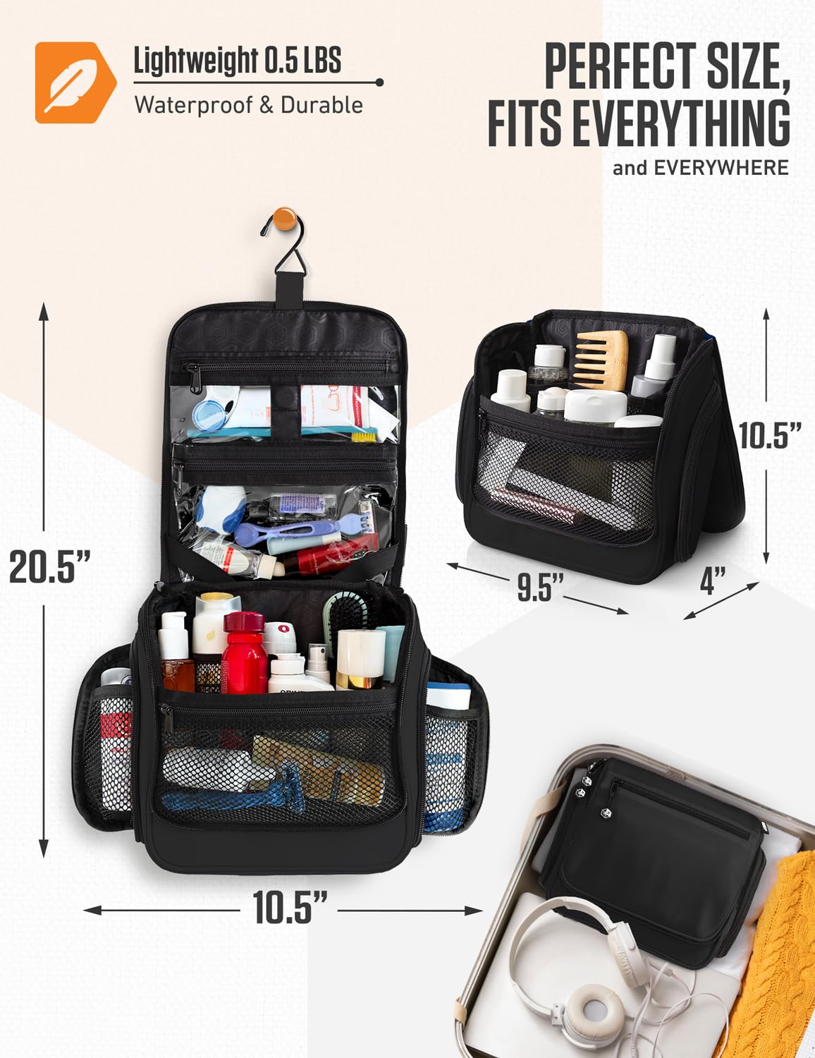 VENTURE 4TH Hanging Travel Toiletry Bag, 18 Compartments - Black