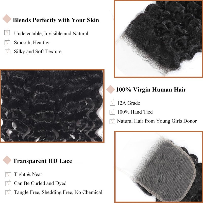 5x5 Deep Wave Lace Closure 100% Human Hair HD Transparent Invisible Lace Closure 12A Brazilian Virgin Remy Human Hair Frontal Closure Free Part Pre Plucked Natural Black 16 Inch