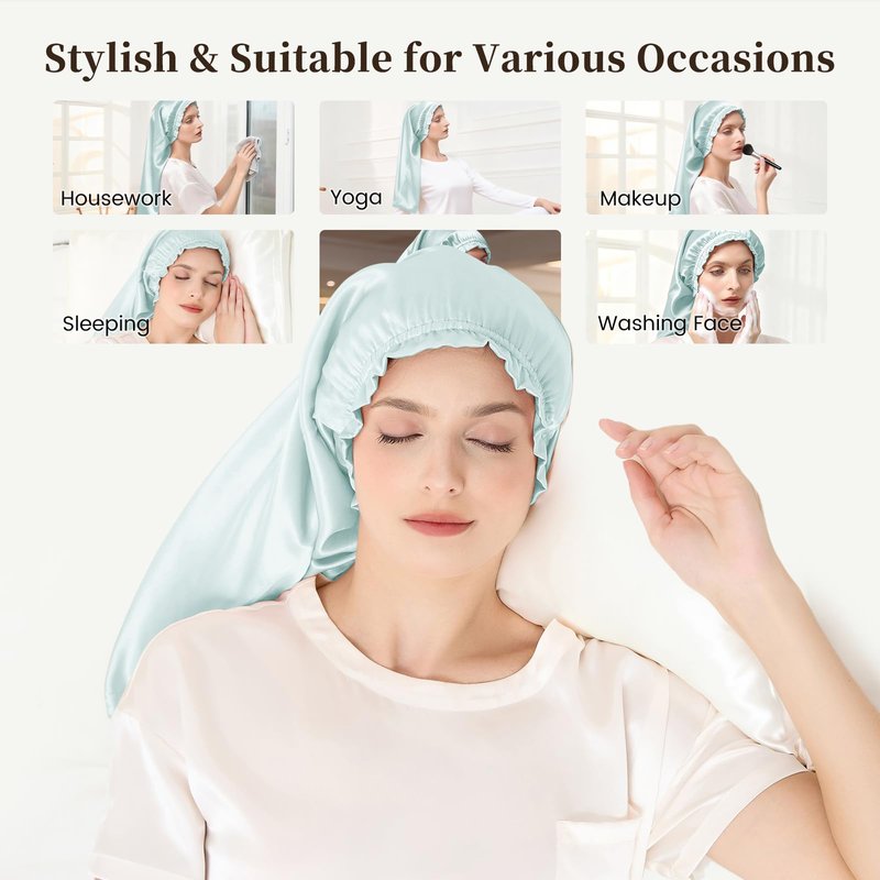 THXSILK 100% Mulberry Silk Bonnet for Sleeping Women Sleep Bonnet with Elastic Band Silk Wrap Hair Cap for Women Long Curly Hair Light Blue