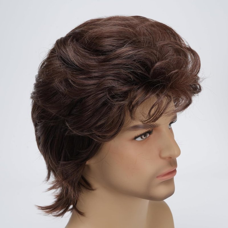 Sabosi Men 80s Wig Short Brown Mullet Wigs,Disco Rocker Punk Synthetic Hair for Daily Cosplay Halloween Wigs
