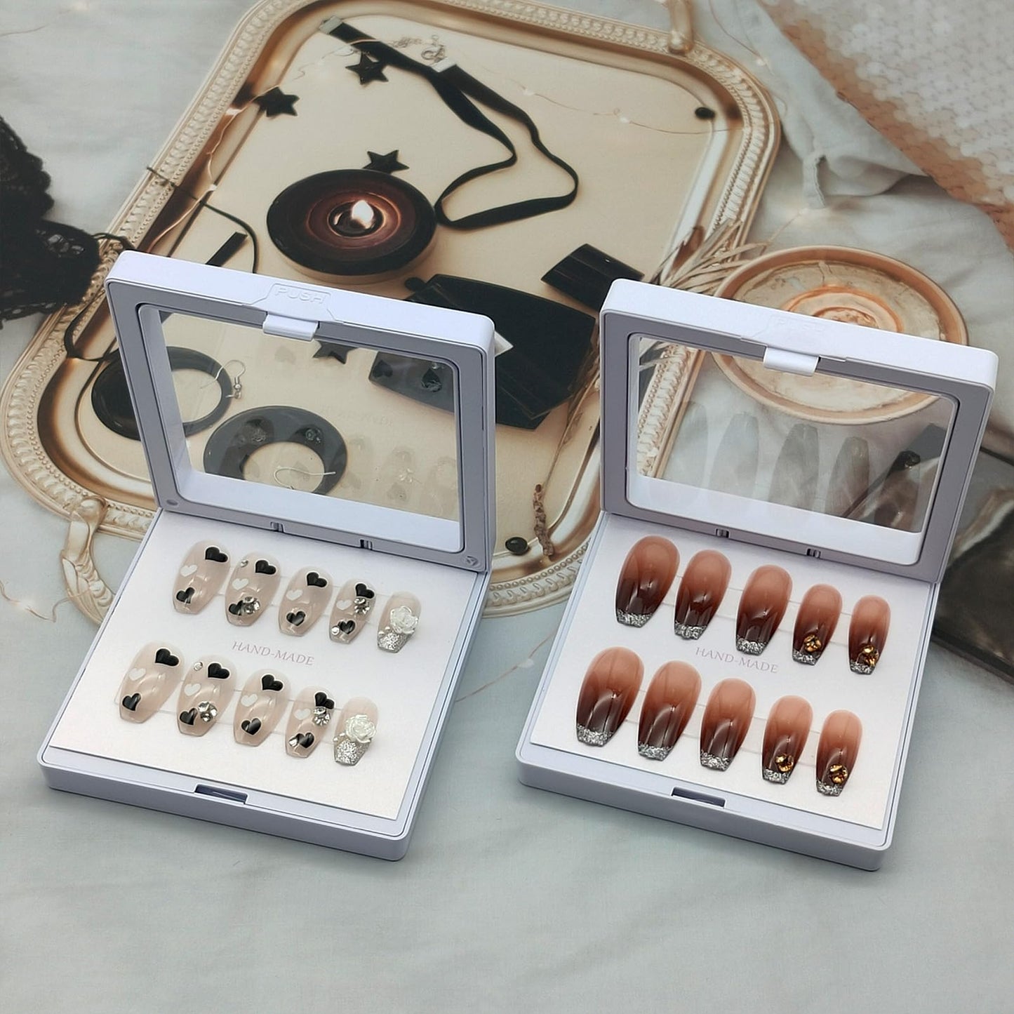 GUXACU 32 Pack Press On Nail Packaging Boxes - 3D Floating Storage and Display Box With 90pcs Double Sided Adhesive Tape for Nail Tech