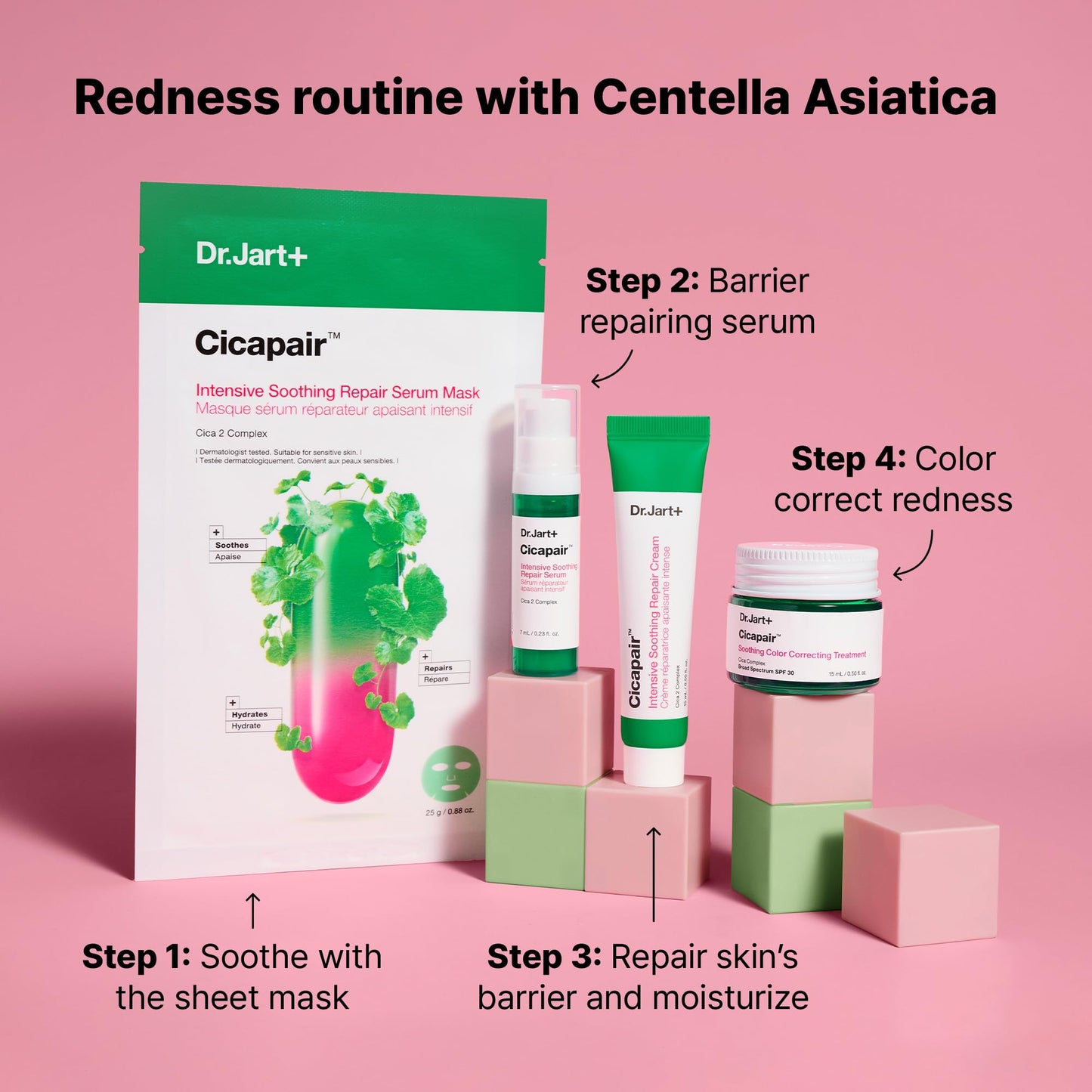 Dr.Jart+ Cicapair Redness Rescue Regimen Korean Skin Care Set with Centella Asiatica | 4 Piece Travel Size Value Gift Set | Gifts for Women
