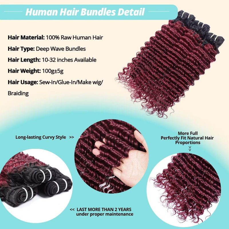 Human Hair Bundles - 16 Inch Deep Wave 100% Unprocessed Brazilian Virgin Hair | Honey 99J Burgundy Color