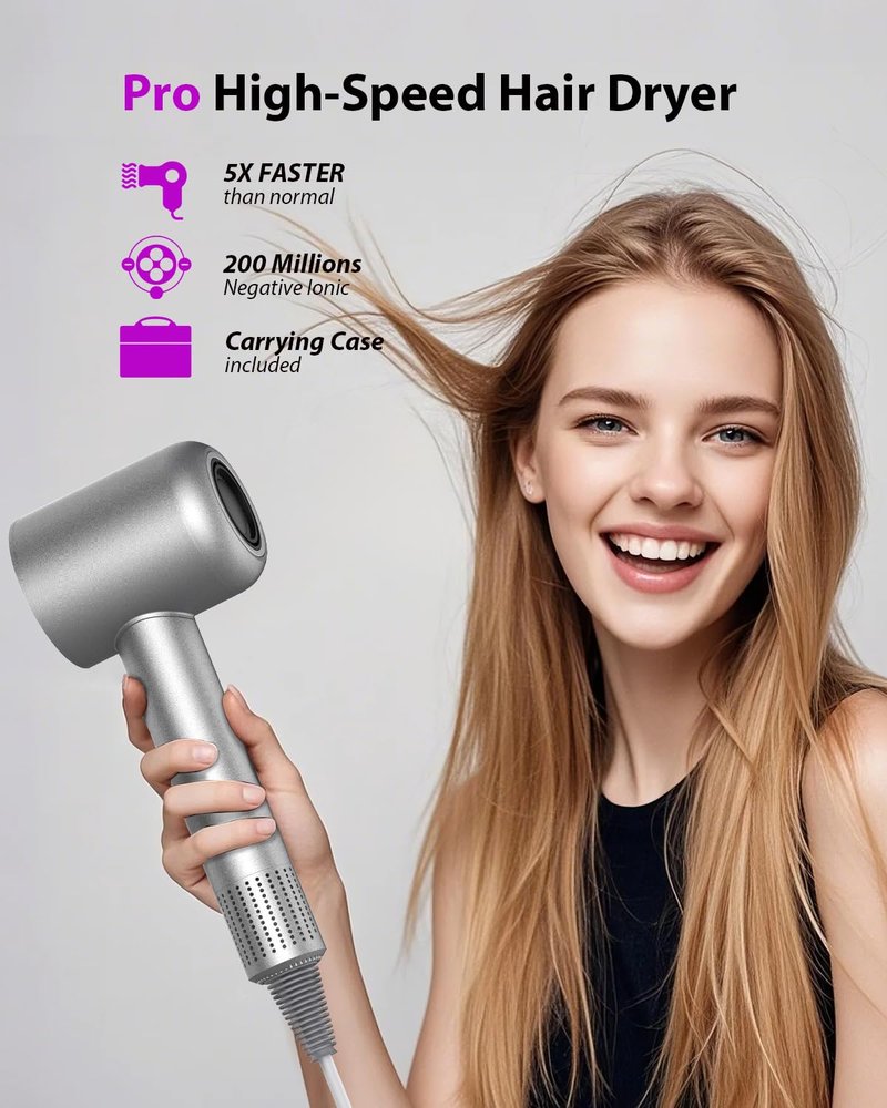 2026 Hair Dryer with Carry Case, 2 Min Fast Drying l 160000 RPM Professional High-Speed Ionic Blow Dryer 200 Millions Negative Ionic l 3 Speeds&3 Teamps, Low Noise Hairdryer with Diffuser Nozzle, Gray