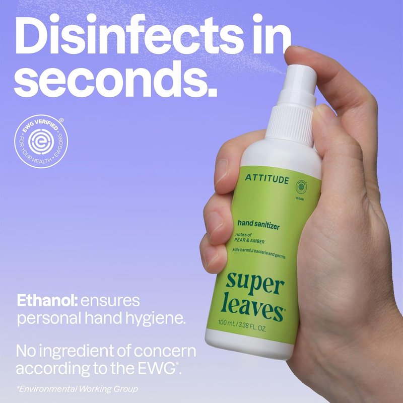 **ATTITUDE Hand Sanitizer Spray - EWG Verified, Kills Germs & Bacteria, Vegan, Olive Leaves Scent | 3.38 Fl Oz**