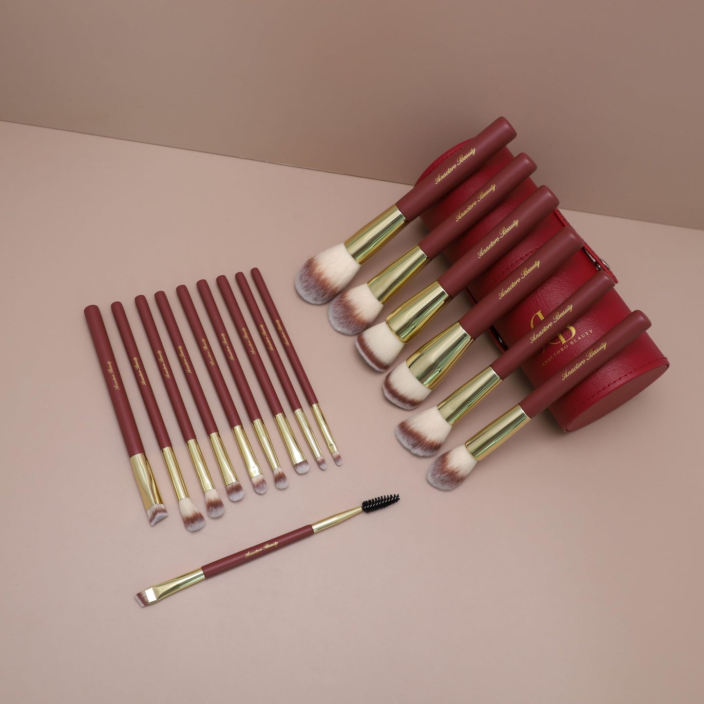 Anactoro Beauty Travel Makeup Brush Set, 16 Professional Vegan Matte Wood Handle Red Gold Makeup Brushes Set and 2 Makeup Sponges, ON-THE-GO Make up Brushes Set with Case (Red)