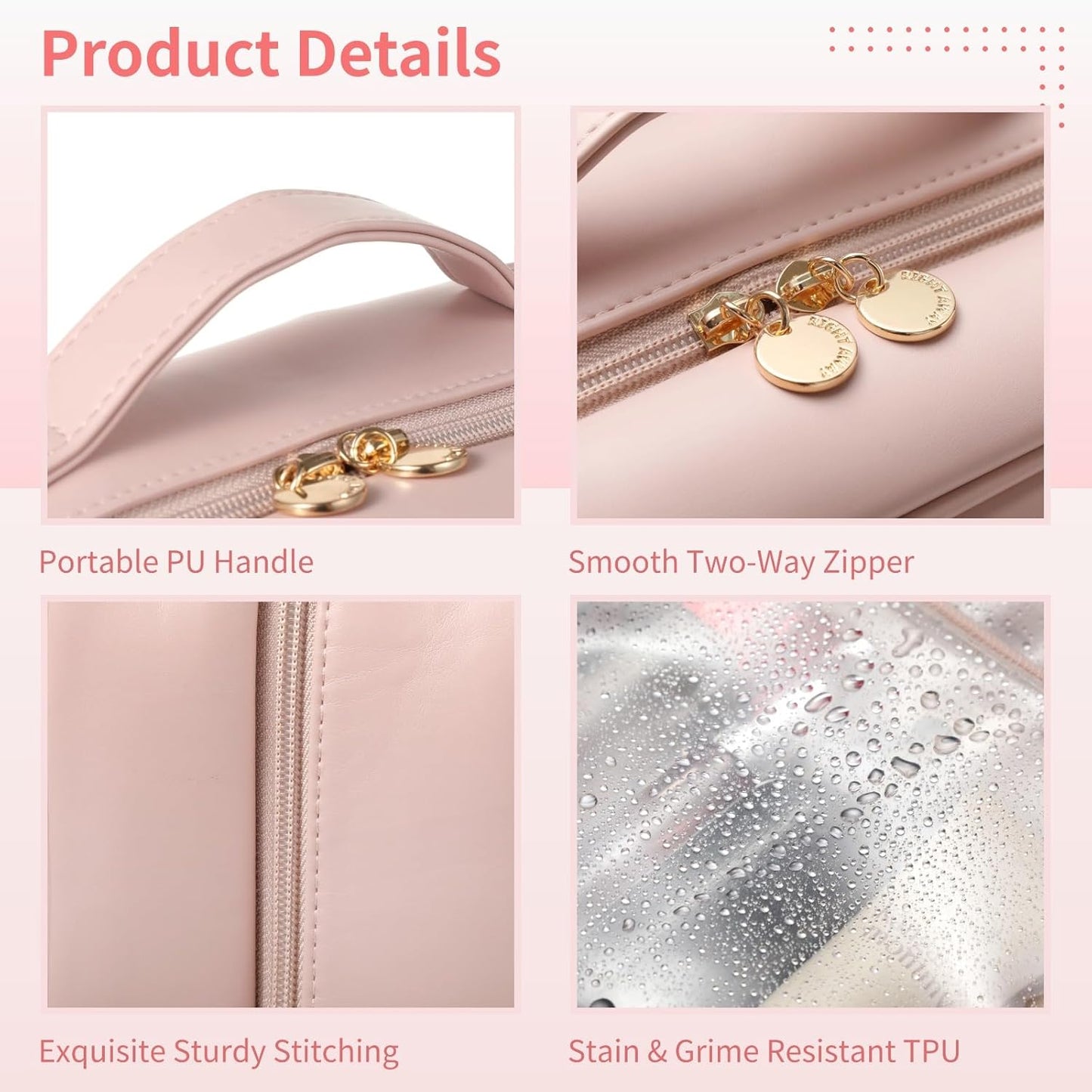 Travel Makeup Bags for Women - 12.2" Waterproof PU Leather with Compartments & Pockets