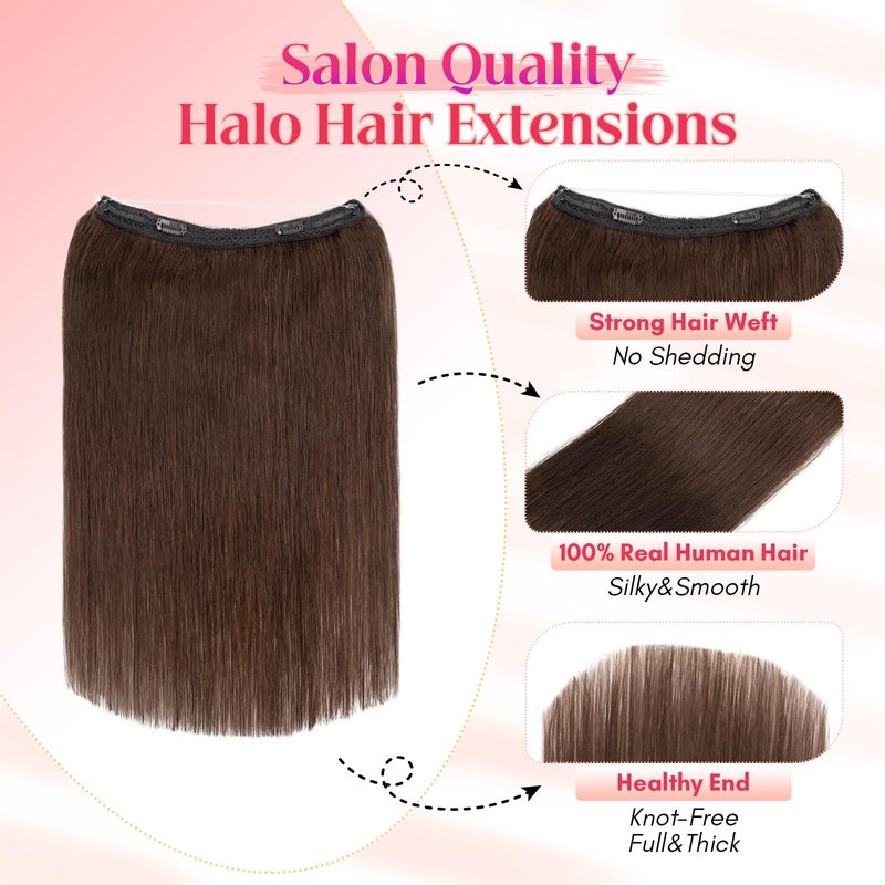 Rich Choices 100% Real Human Halo Hair Extensions Remy Short Invisible Wire Halo Hair Extensions Human Hair Clip in Hair Piece Straight 12 Inch #2 Dark Brown