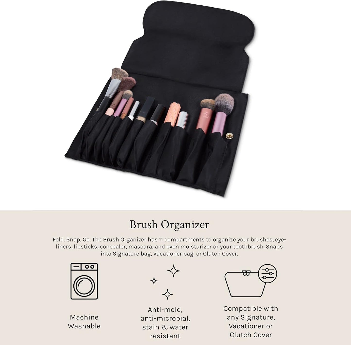 KUSSHI Travel Brush Organizer - Washable Snap Design for Easy Packing | Compact & Lightweight