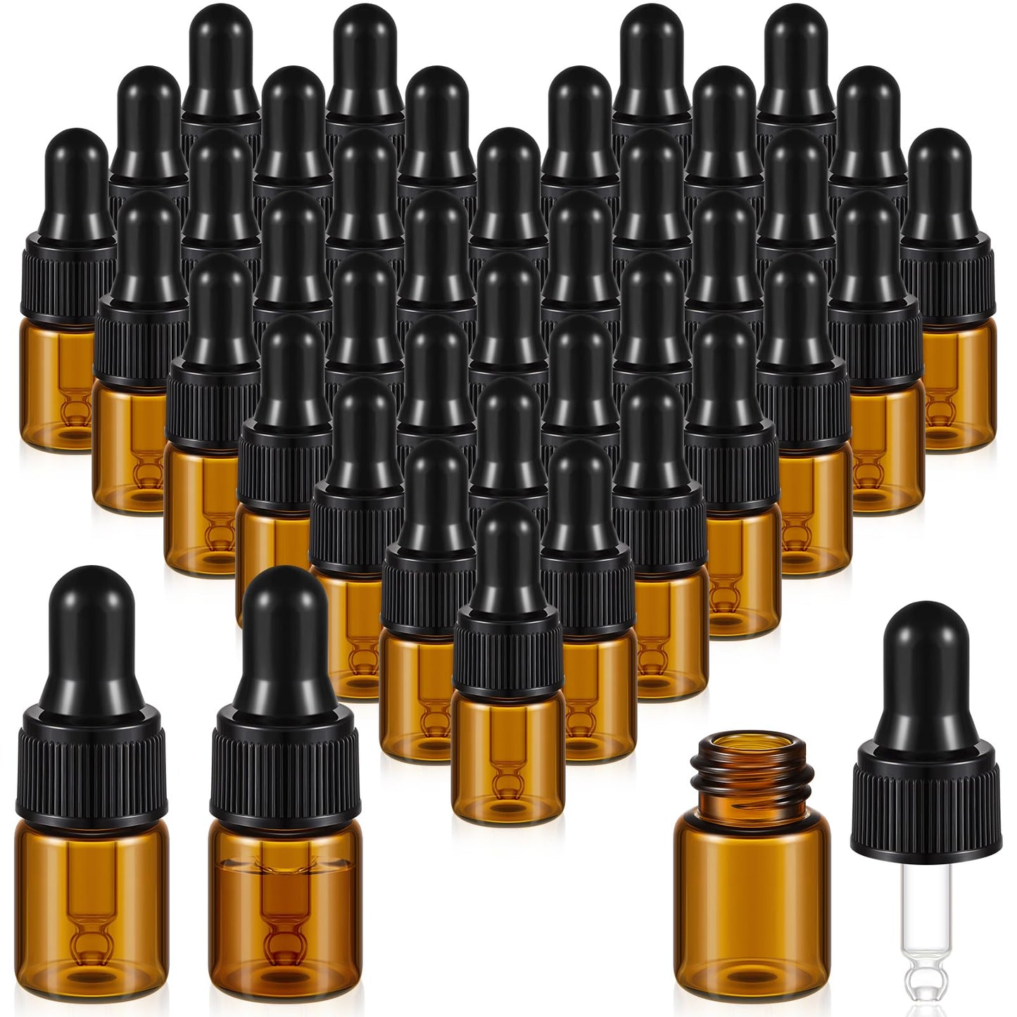 Didaey 200 Pcs 2 ml Mini Glass Oil Dropper Bottle Bulk, Clear Essential Small Empty Bottles Sample Containers Perfume Liquid Vials with Cap for Traveling (Amber)