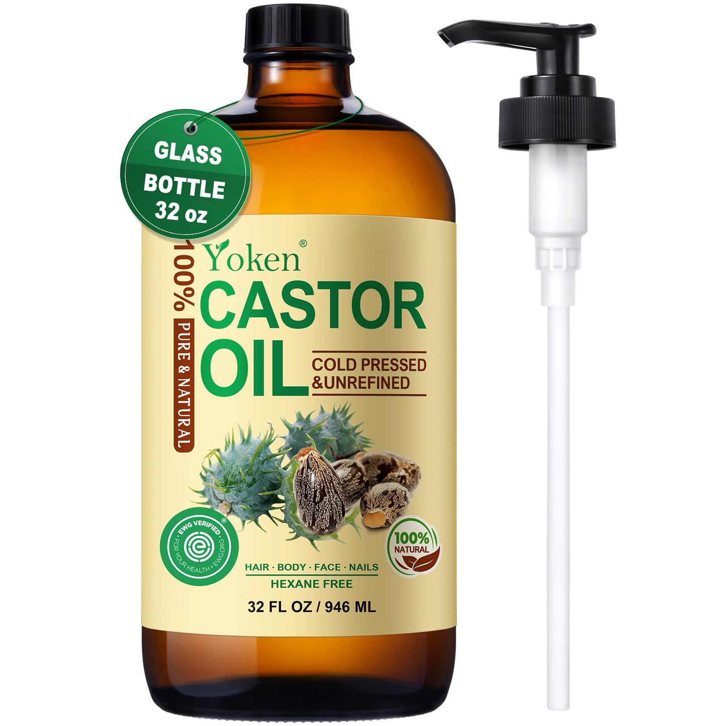 Yoken EWG Verified Castor Oil Glass Bottle 32 fl oz (with Pump) 100% Pure Castor Oil for Skin Face Hair, Cold Press, Hexane Free, Unrefined Caster oil for Nourishing Body, aceite de ricino