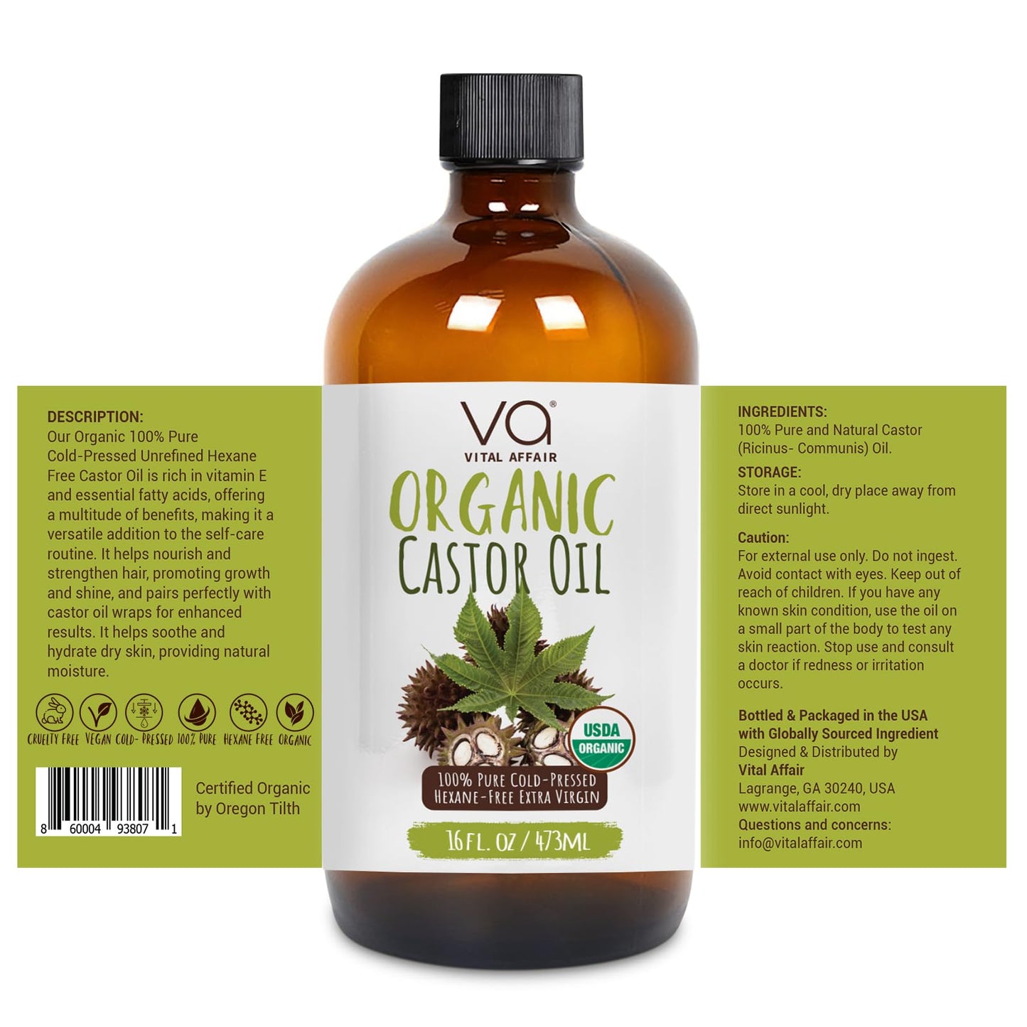 VITAL AFFAIR Organic Castor Oil 16 oz - Cold Pressed, Hexane Free & Unrefined Glass Bottle for Pack Wrap Routine, Hair Growth, Skincare, Face & Nails