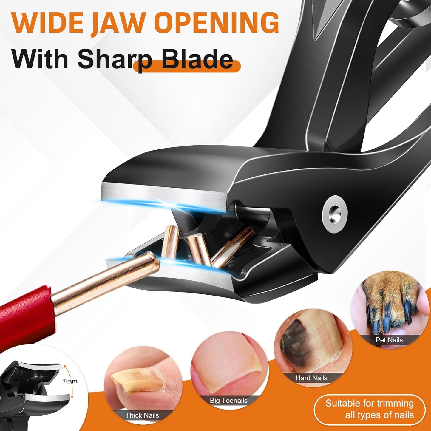 Nail Clippers for Thick Nails - Heavy Duty Angled Head Toenail & Fingernail Clipper with Catcher | Long Handle, Black