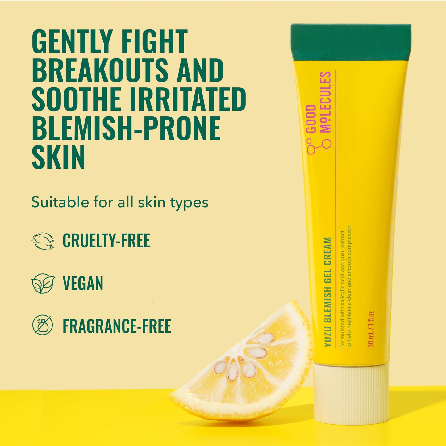 Good Molecules Yuzu Blemish Gel Cream - Lightweight Gel Moisturizer with Salicylic Acid (BHA) and Natural Extracts to Target Blemishes, Even Skin Tone, and Texture - Skin Care for Face