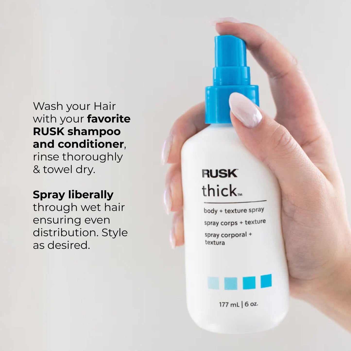 RUSK Designer Collection Thick Body and Texture Amplifier Spray, 6 Fl Oz, For Fine, Limp, Flat or Lazy Hair Types - Contains Wheat Protein, Adds Strength, Texture, Volume & Moisture
