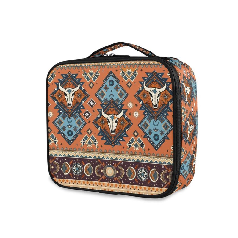 ALAZA Makeup Case Indian Tribal Aztec Ornament Geometric Pattern with Skulls Cosmetic Bag Organizer Travel Portable Storage Toiletry Bag Makeup Train Case with Adjustable Dividers for Women