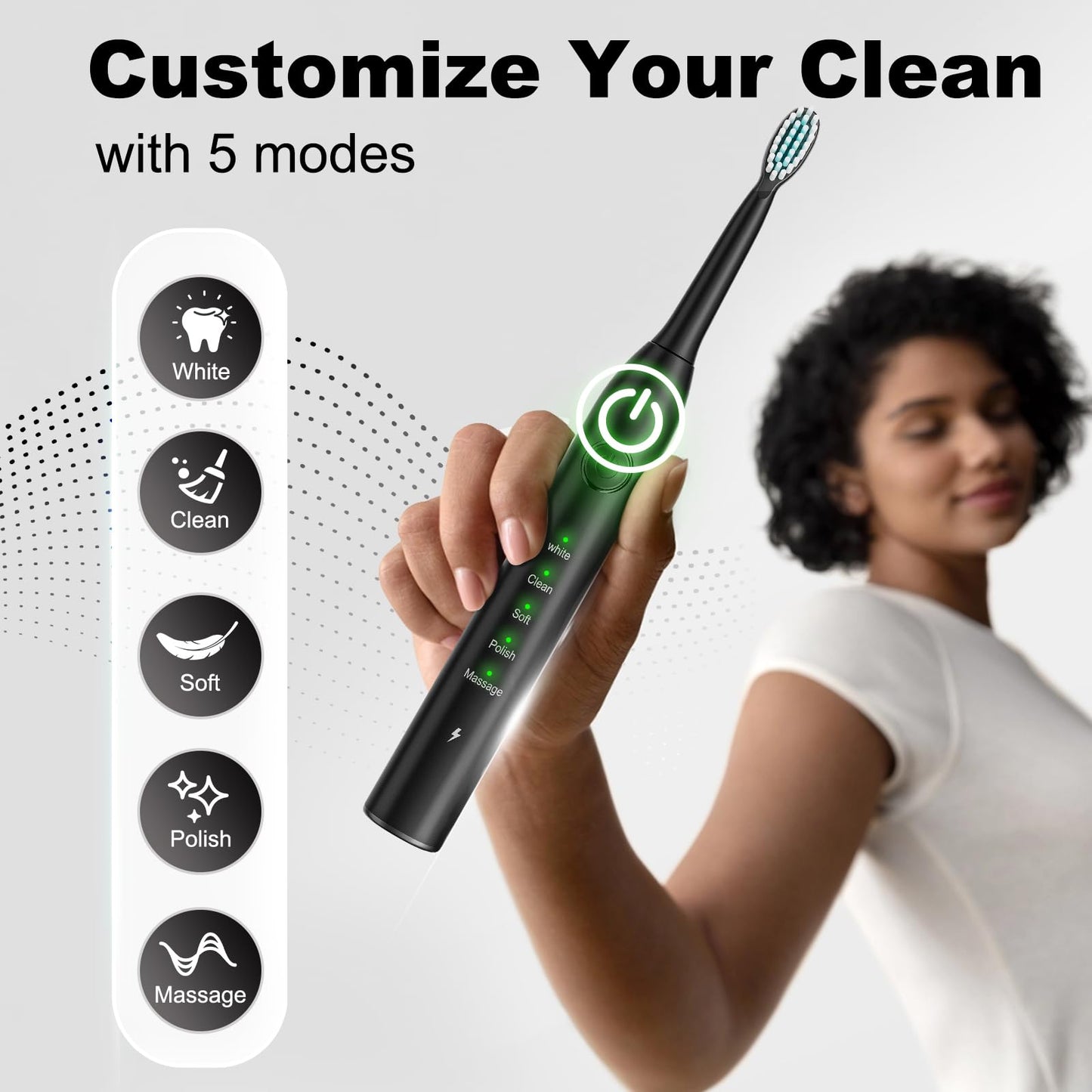 MAXWISDOM Rechargeable Electric Toothbrush, 8 Brush Heads, with 100 Day Battery Life, 5 Cleaning Modes, Fast Type-C Charging, Comes with Portable Travel Case & Holder, Black