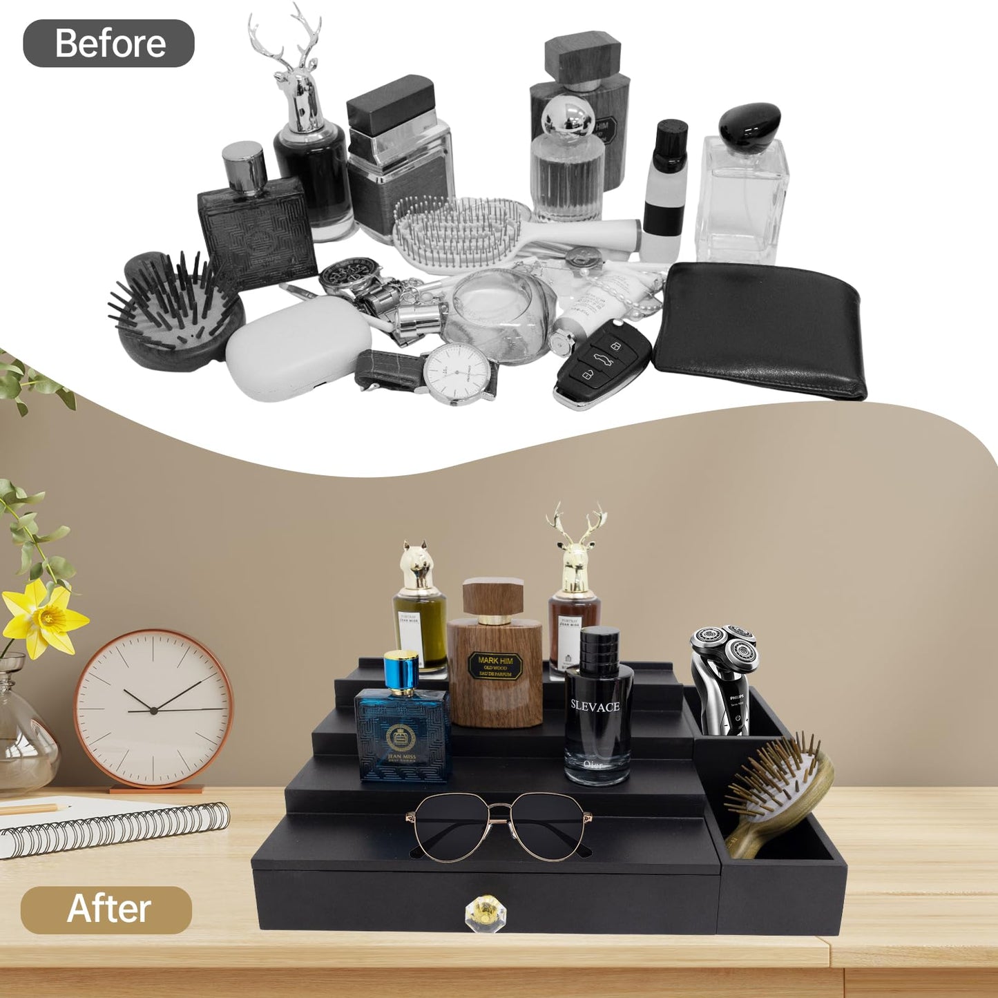4 Tier Wood Cologne Organizer Stand for Men Wooden Black Perfume Shelf Fragrance Display Risers with Drawer Hidden Compartment Cologne Holder Wood Dresser