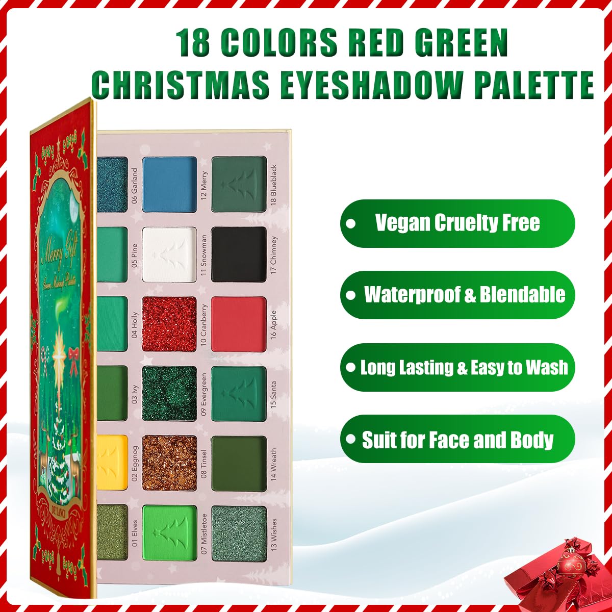 Green Red Eyeshadow Palette, Pigmented Matte Shimmer Christmas Makeup Pallet for Grinch, Shrek Makeup, 18 Colors Long Last Emerald Green Glitter Eye Shadow Palette for Festival, Party, Themed Make up