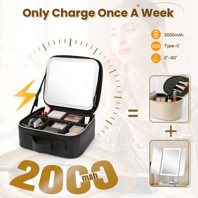 Elite Dance Gear Travel Makeup Bag with LED Mirror, Leather Cosmetic Train Cases with Adjustable Dividers, Makeup Organizer with Makeup Brush Storage Board for Women, Artist and More