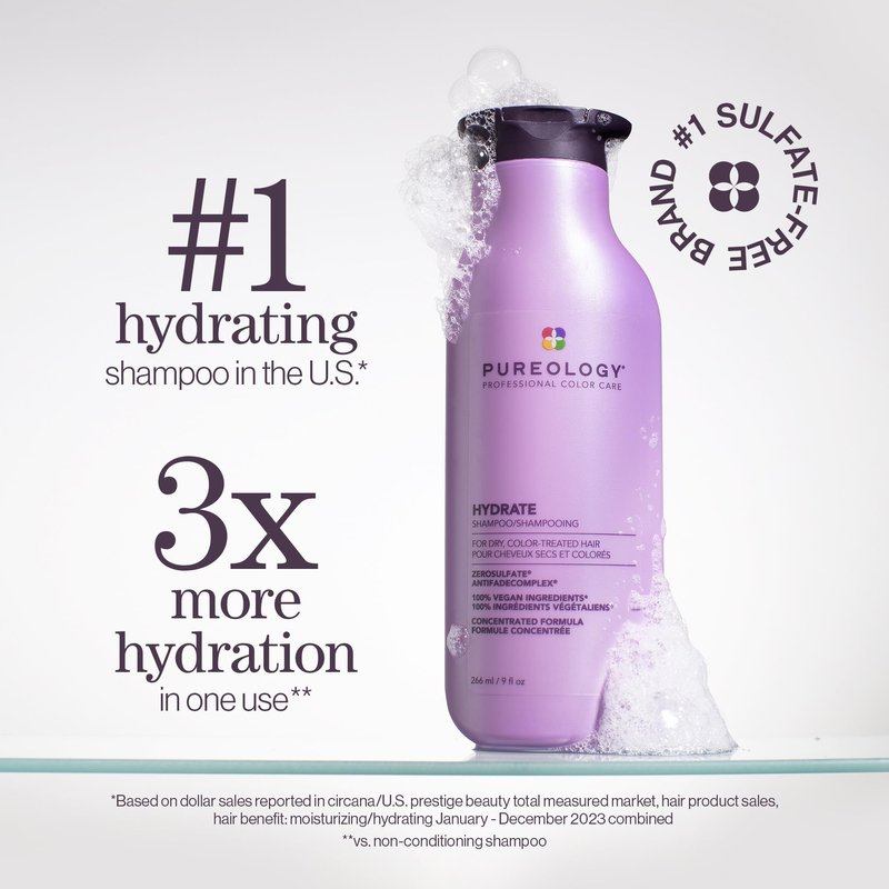 Pureology Hydrate Shampoo - For Dry or Color Treated Hair, Moisturizing Shampoo For Hydration & Softness, With Rose Extract & Green Tea, Vegan & Sulfate-Free, 1.7 Fl Oz