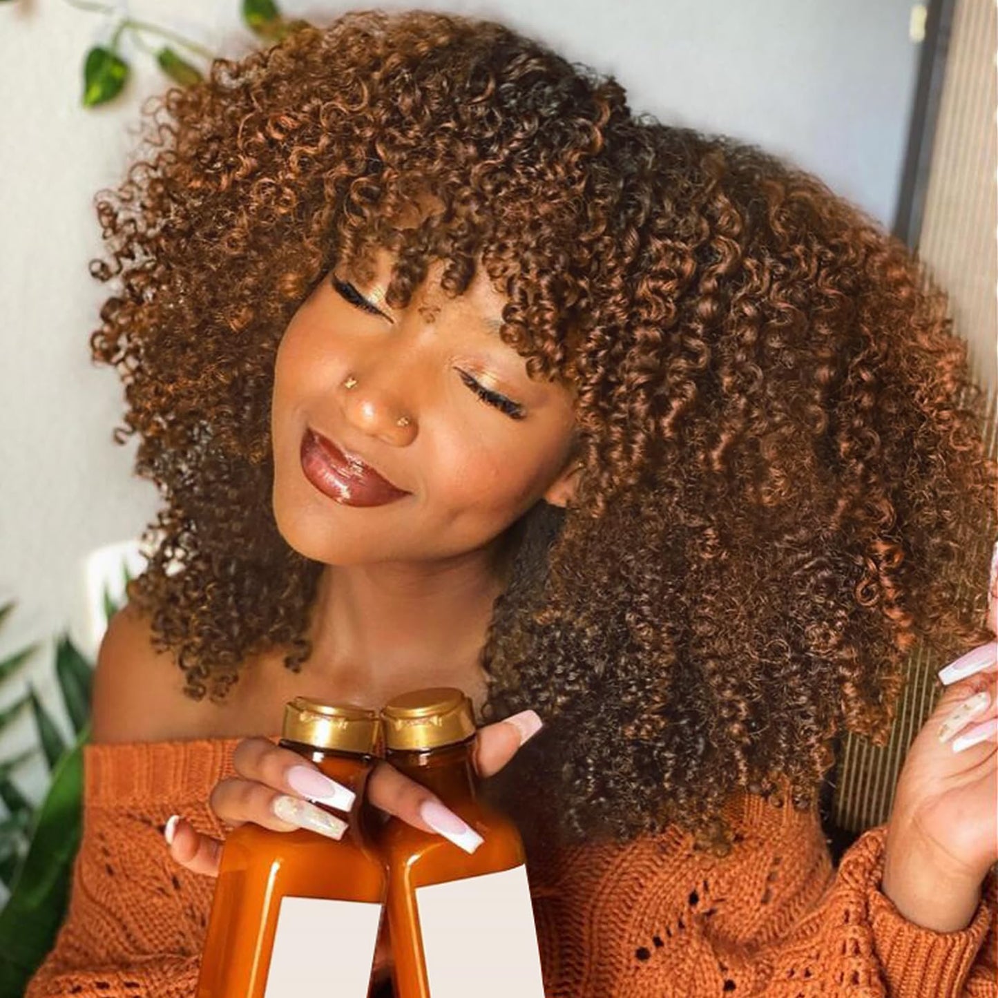 Looxey Afro Kinky Curly Wig, Black Women Short Bob Wigs with Bangs, Huge Fluffy Synthetic Fiber Full Wigs for Daily Party Use, 14 Inch Ombre Brown
