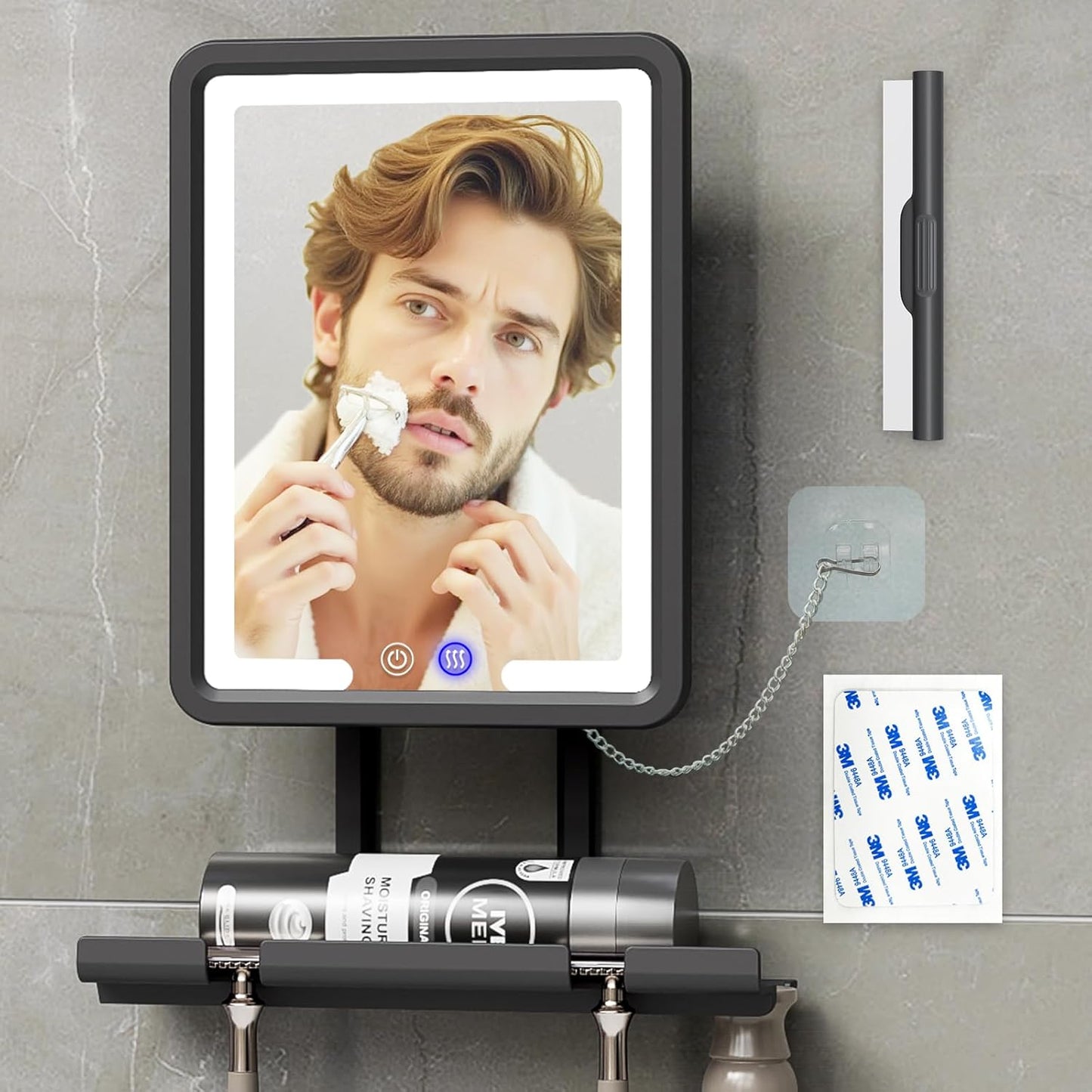 Lighted Anti-Fog Shower Mirror - 3 Color Modes, 360° Rotation, Rechargeable with Storage Tray & Razor Holders | Grey