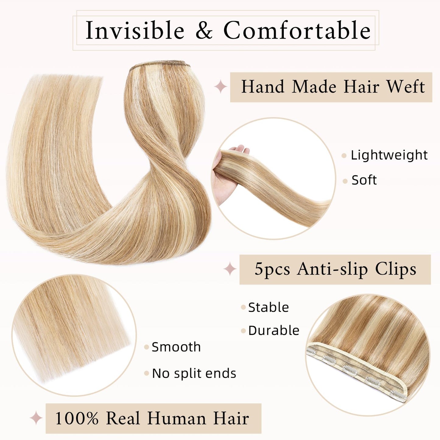 SEGO One Piece Clip in Extensions, 5 Clips Real Human Hair Extensions, Long Straight, 10 inches, #18P613 Ash Blonde Mix Bleach Blonde