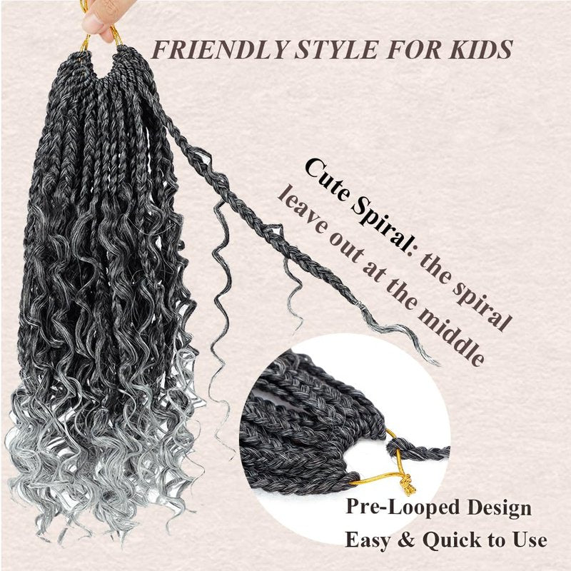 Goddess Box Braids Crochet Hair 10 Inch Bohemian Box Braids Crochet Hair with Curly Ends Boho 3X Synthetic Crochet Braiding Hair for Women (8 pack, 1b/gray#)