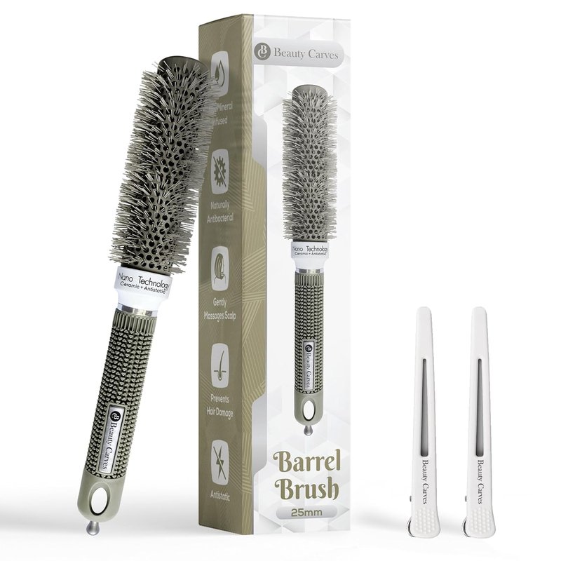 Round Hair Brush - 25mm Barrel with Flexible Nylon Bristles | Nano Ionic Heat Resistant for Professional Curling & Styling