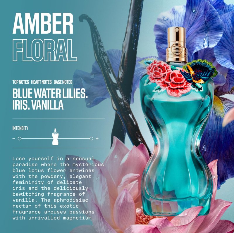 Jean Paul Gaultier La Belle Paradise Garden Eau de Parfum for Women - Long Lasting Floral Amber Womens Perfume with Blue Water Lily, Iris & Vanilla - Designer Fragrance Spray, 1.7 oz
