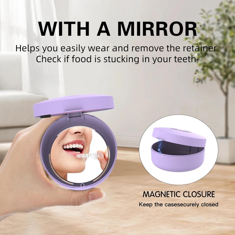 Voraiya U/V Retainer Case with Fan, Portable Cleaning Denture Cases with UVC Lights Rechargeable Retainers Cleaner Container for Partial Denture, Aligners, Mouth Guard, Night Guard, Braces (Purple)